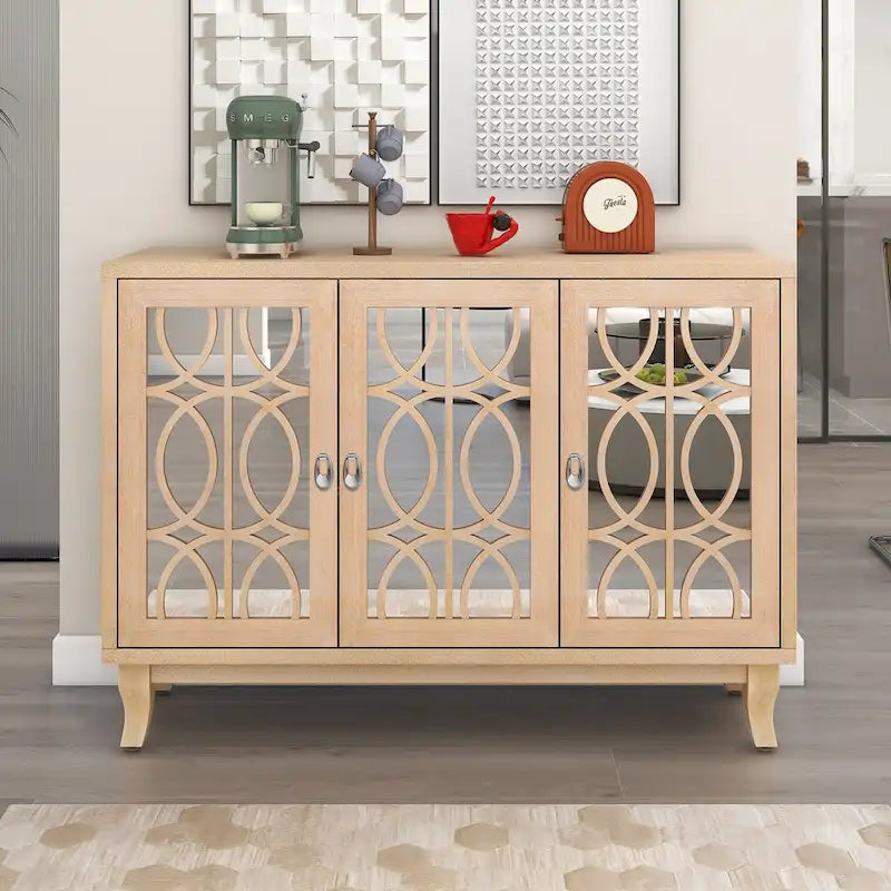 Farmhouse Mirrored Sideboard 3 Glass Doors 2 Adjustable Shelves Pine Legs 220lb Capacity Distressed