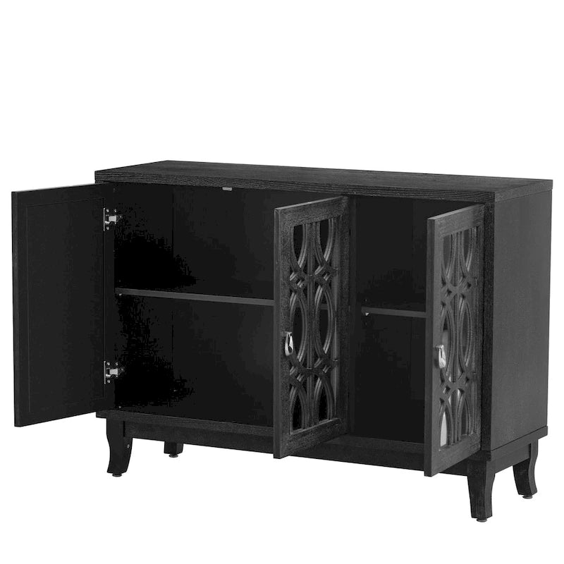 Farmhouse Mirrored Sideboard 3 Glass Doors 2 Adjustable Shelves Pine Legs 220lb Capacity Distressed