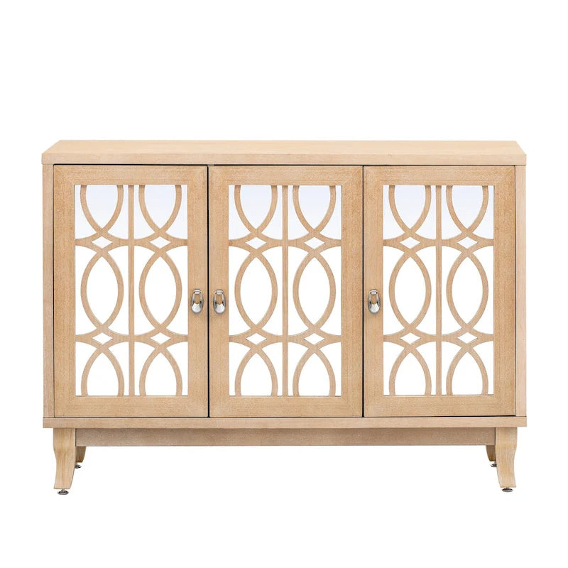Farmhouse Mirrored Sideboard 3 Glass Doors 2 Adjustable Shelves Pine Legs 220lb Capacity Distressed