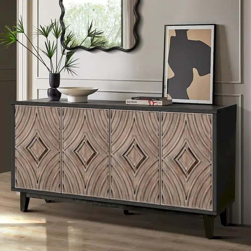 60" Sideboard Buffet Cabinet - 4 Diamond Pattern Doors 2 Shelves - Solid Wood Legs - Black Brown Vintage Farmhouse Storage