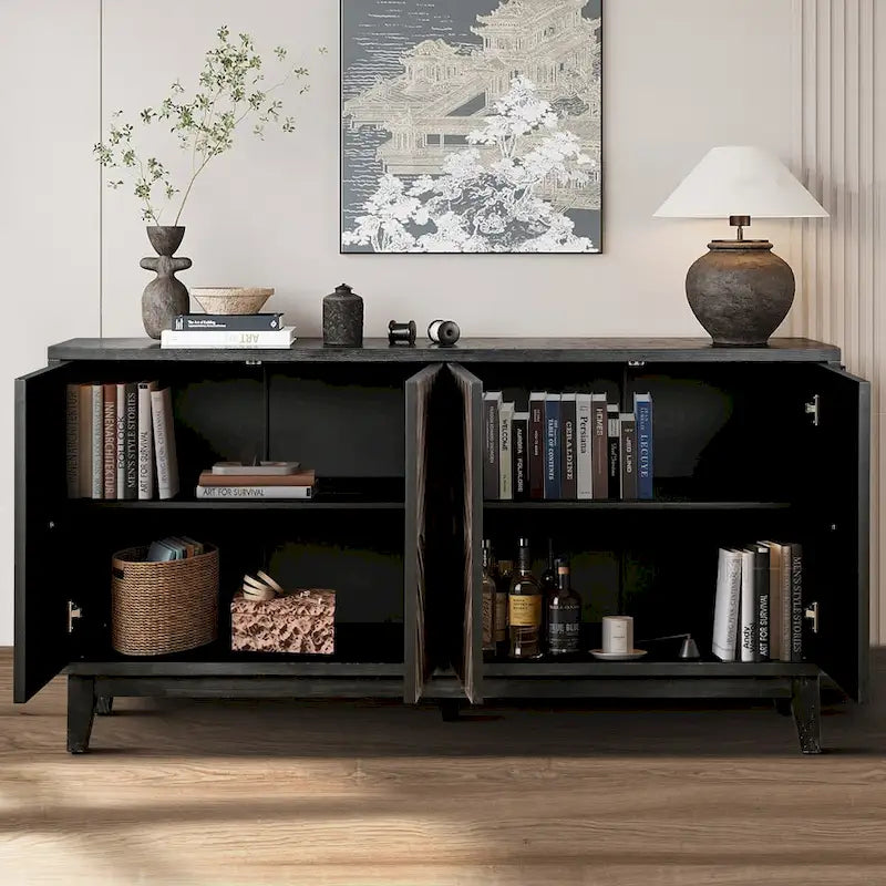 60" Sideboard Buffet Cabinet - 4 Diamond Pattern Doors 2 Shelves - Solid Wood Legs - Black Brown Vintage Farmhouse Storage