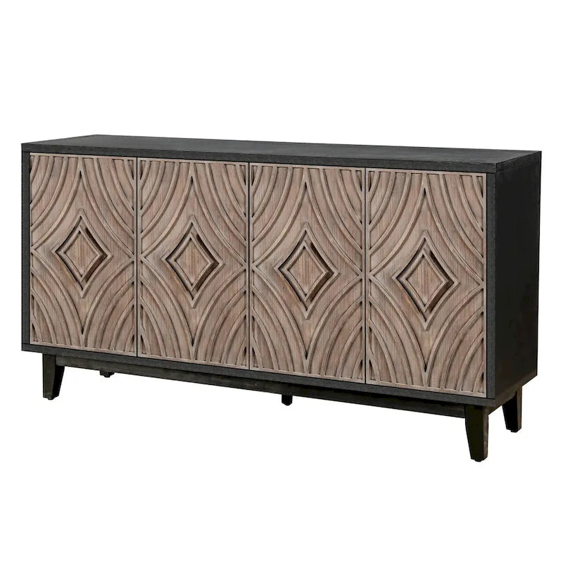60" Sideboard Buffet Cabinet - 4 Diamond Pattern Doors 2 Shelves - Solid Wood Legs - Black Brown Vintage Farmhouse Storage
