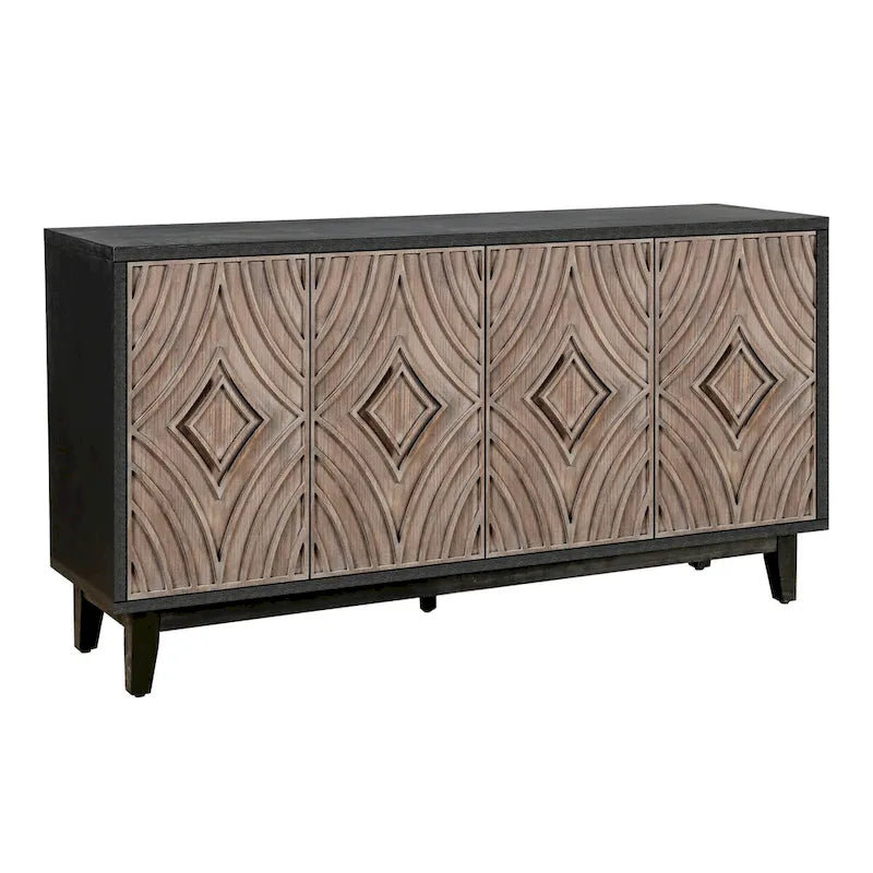 60" Sideboard Buffet Cabinet - 4 Diamond Pattern Doors 2 Shelves - Solid Wood Legs - Black Brown Vintage Farmhouse Storage