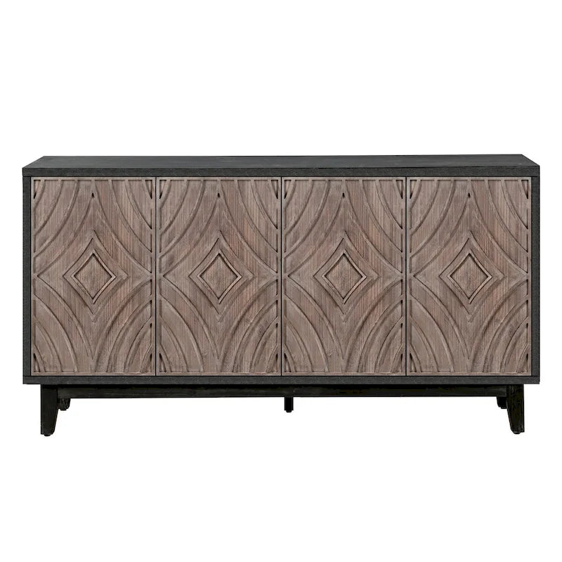 60" Sideboard Buffet Cabinet - 4 Diamond Pattern Doors 2 Shelves - Solid Wood Legs - Black Brown Vintage Farmhouse Storage