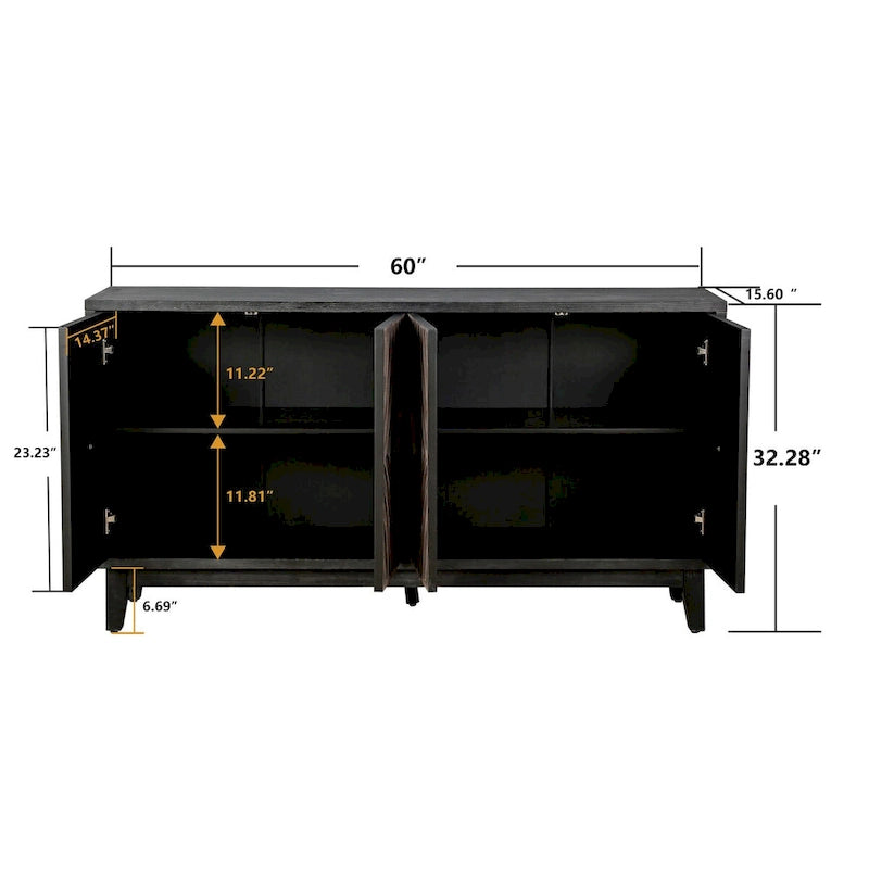 60" Sideboard Buffet Cabinet - 4 Diamond Pattern Doors 2 Shelves - Solid Wood Legs - Black Brown Vintage Farmhouse Storage