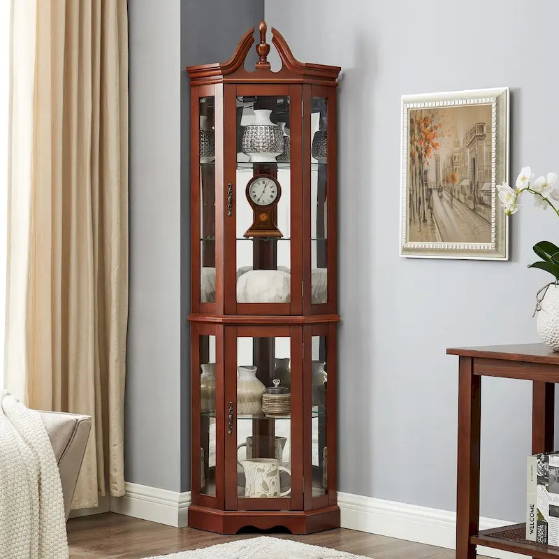 Corner Curio Cabinet 70.5"H - Walnut Display with LED Light, 5 Shelves, Mirrored Back & Glass Doors, 25lbs per Shelf Capacity