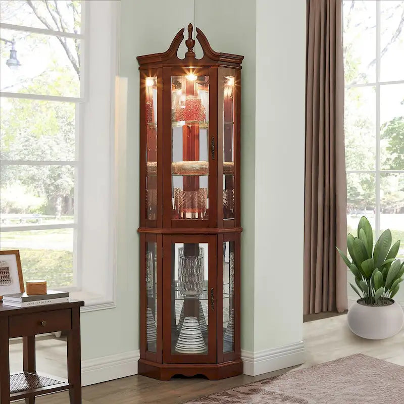 Corner Curio Cabinet 70.5"H - Walnut Display with LED Light, 5 Shelves, Mirrored Back & Glass Doors, 25lbs per Shelf Capacity