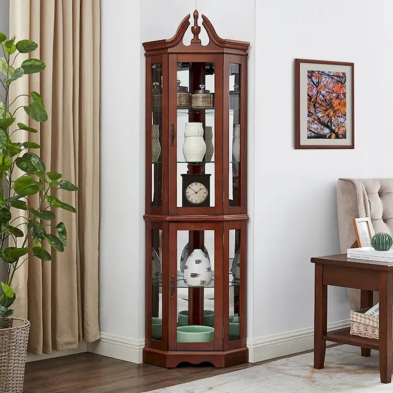 Corner Curio Cabinet 70.5"H - Walnut Display with LED Light, 5 Shelves, Mirrored Back & Glass Doors, 25lbs per Shelf Capacity