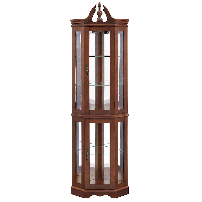 Corner Curio Cabinet 70.5"H - Walnut Display with LED Light, 5 Shelves, Mirrored Back & Glass Doors, 25lbs per Shelf Capacity