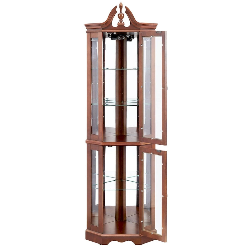 Corner Curio Cabinet 70.5"H - Walnut Display with LED Light, 5 Shelves, Mirrored Back & Glass Doors, 25lbs per Shelf Capacity