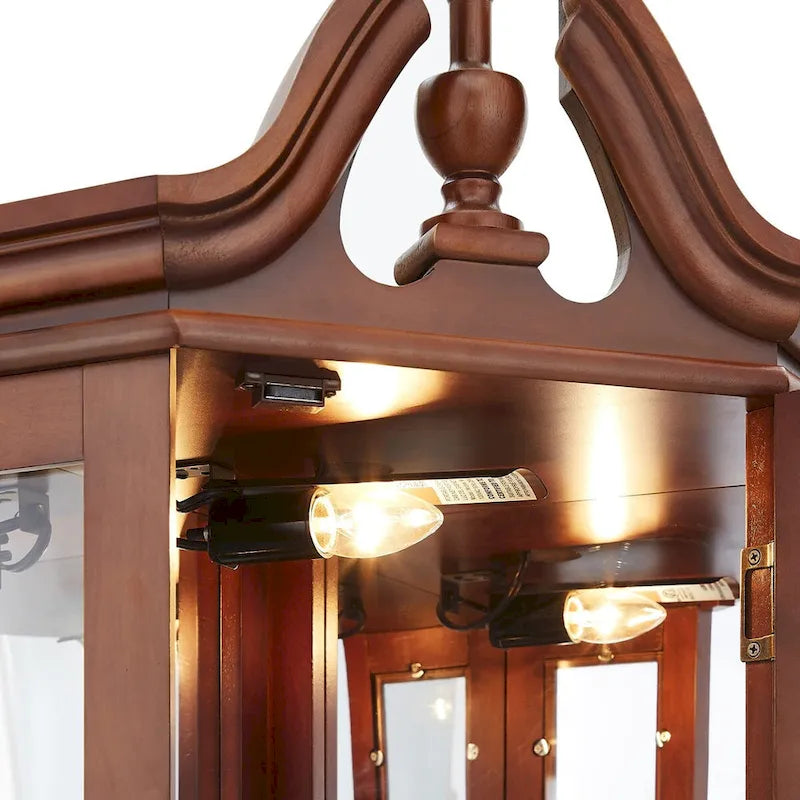 Corner Curio Cabinet 70.5"H - Walnut Display with LED Light, 5 Shelves, Mirrored Back & Glass Doors, 25lbs per Shelf Capacity