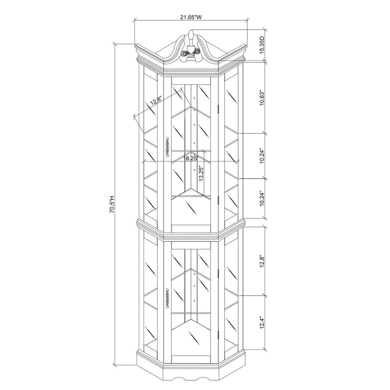 Corner Curio Cabinet 70.5"H - Walnut Display with LED Light, 5 Shelves, Mirrored Back & Glass Doors, 25lbs per Shelf Capacity