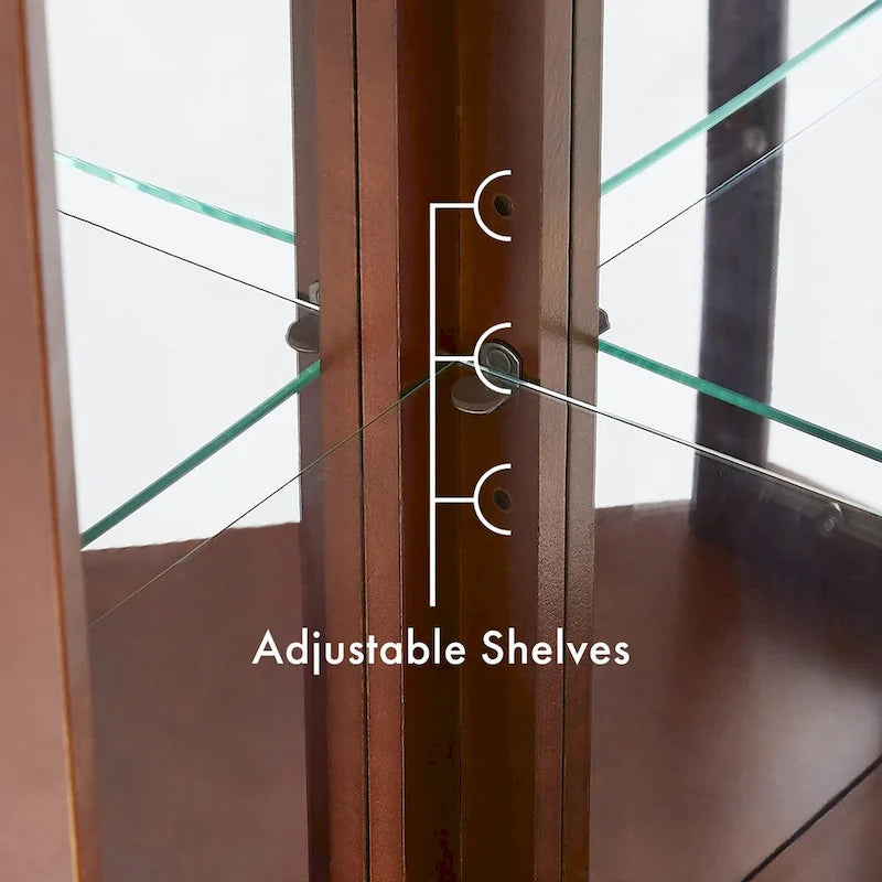 Corner Curio Cabinet 70.5"H - Walnut Display with LED Light, 5 Shelves, Mirrored Back & Glass Doors, 25lbs per Shelf Capacity