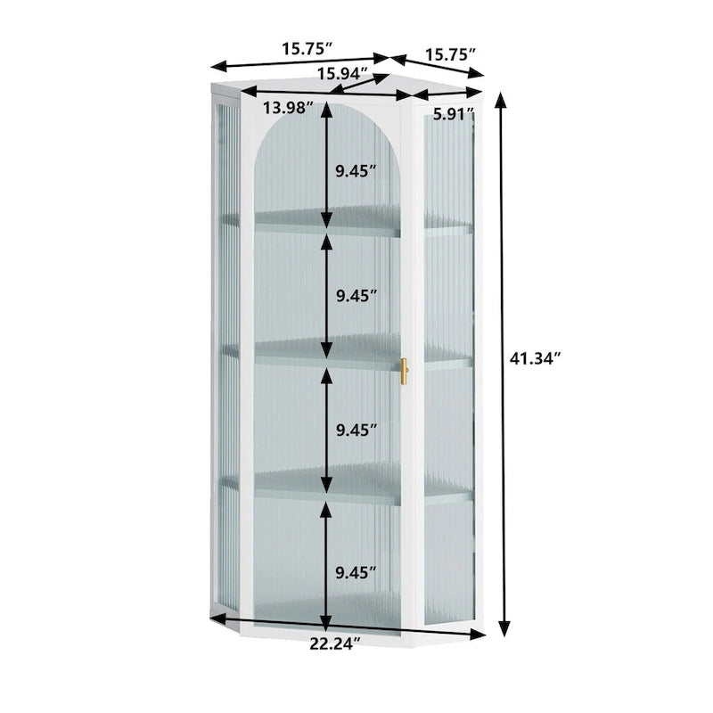 Wall-Mounted Corner Cabinet 50"H - Glass Door with 4-Tier Shelves, Iron & Ribbed Glass, Space-Saving for Bathroom Kitchen Bedroom