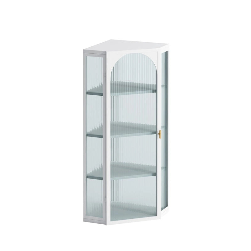 Wall-Mounted Corner Cabinet 50"H - Glass Door with 4-Tier Shelves, Iron & Ribbed Glass, Space-Saving for Bathroom Kitchen Bedroom