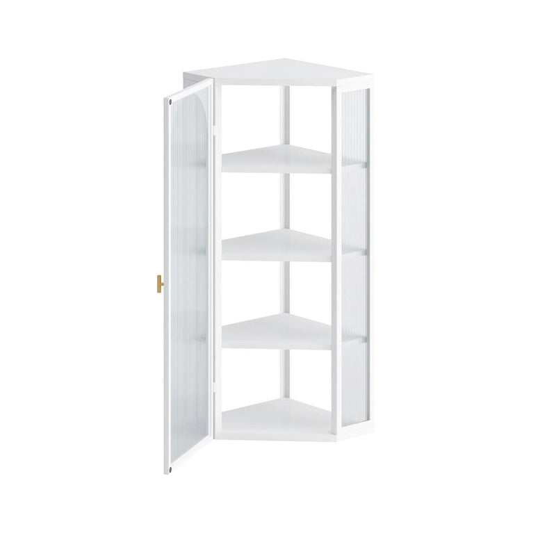 Wall-Mounted Corner Cabinet 50"H - Glass Door with 4-Tier Shelves, Iron & Ribbed Glass, Space-Saving for Bathroom Kitchen Bedroom