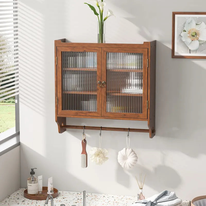 24.8" Vintage Wall Cabinet with Glass Doors - 3-Tier Storage with Towel Rack, Adjustable Shelves - Brown Bathroom Kitchen Organizer