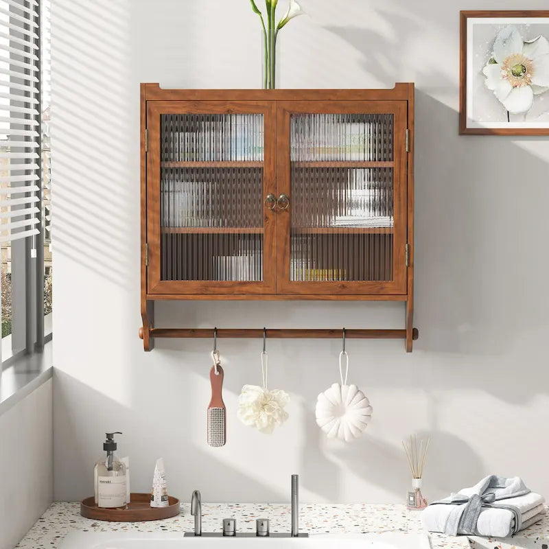 24.8" Vintage Wall Cabinet with Glass Doors - 3-Tier Storage with Towel Rack, Adjustable Shelves - Brown Bathroom Kitchen Organizer