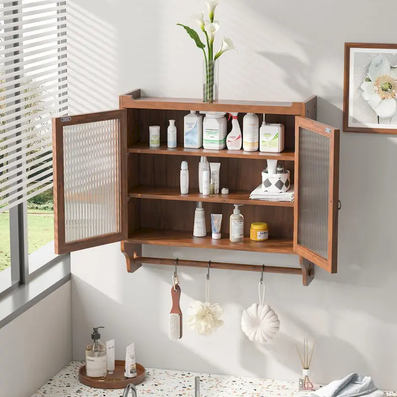 24.8" Vintage Wall Cabinet with Glass Doors - 3-Tier Storage with Towel Rack, Adjustable Shelves - Brown Bathroom Kitchen Organizer