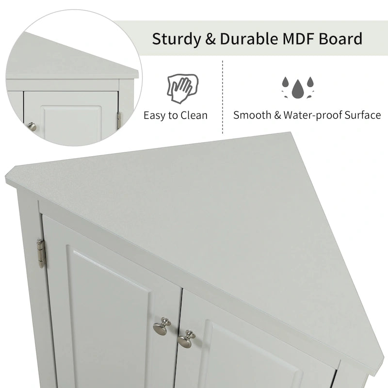Triangle Corner Storage Cabinet with Adjustable Shelves - Waterproof MDF Bathroom Cabinet with Doors & Brushed Nickel Knobs