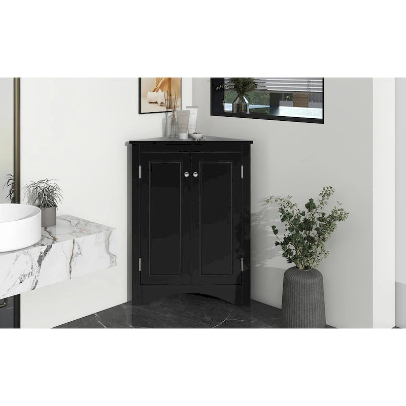 Triangle Corner Storage Cabinet with Adjustable Shelves - Waterproof MDF Bathroom Cabinet with Doors & Brushed Nickel Knobs