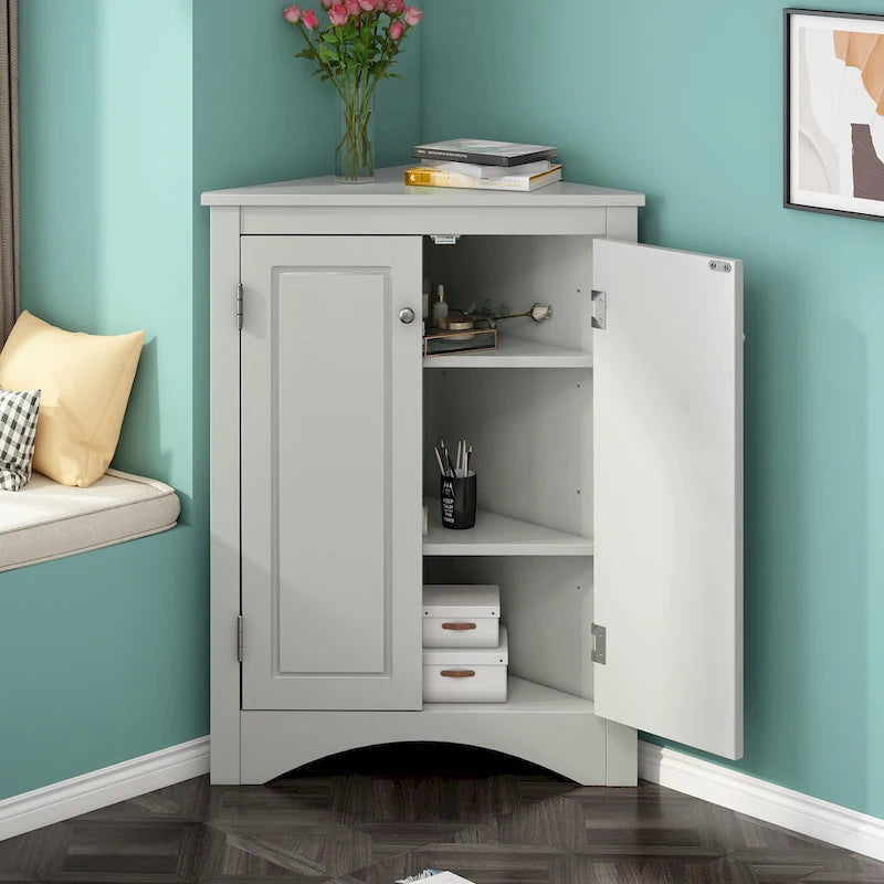 Triangle Corner Storage Cabinet with Adjustable Shelves - Waterproof MDF Bathroom Cabinet with Doors & Brushed Nickel Knobs