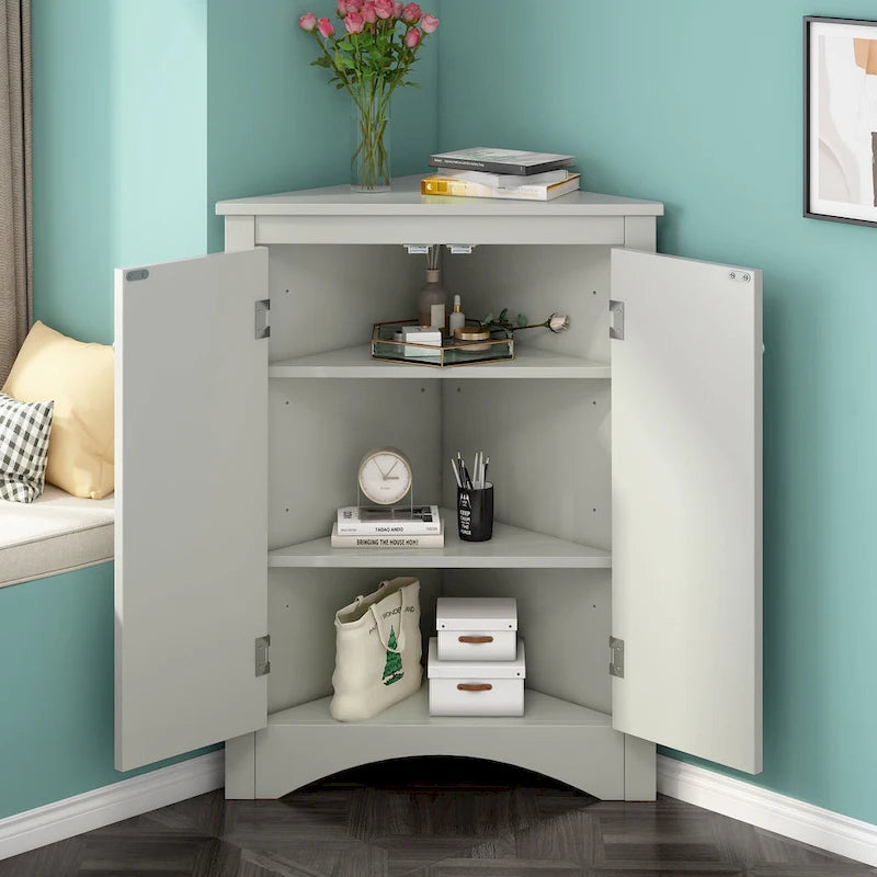 Triangle Corner Storage Cabinet with Adjustable Shelves - Waterproof MDF Bathroom Cabinet with Doors & Brushed Nickel Knobs