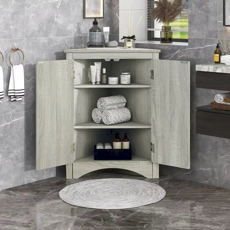 Triangle Corner Storage Cabinet with Adjustable Shelves - Waterproof MDF Bathroom Cabinet with Doors & Brushed Nickel Knobs