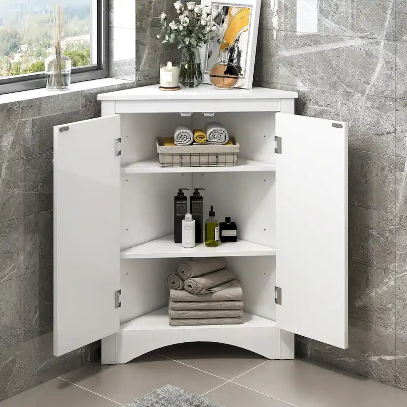 Triangle Corner Storage Cabinet with Adjustable Shelves - Waterproof MDF Bathroom Cabinet with Doors & Brushed Nickel Knobs