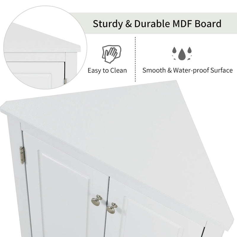 Triangle Corner Storage Cabinet with Adjustable Shelves - Waterproof MDF Bathroom Cabinet with Doors & Brushed Nickel Knobs