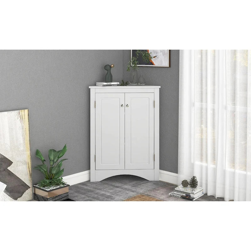 Triangle Corner Storage Cabinet with Adjustable Shelves - Waterproof MDF Bathroom Cabinet with Doors & Brushed Nickel Knobs