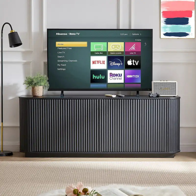 Contemporary Sideboard Cabinet - Wave Pattern Design - Curved Panels - Press-Spring Doors - Multi-Room Storage - Engineered Wood