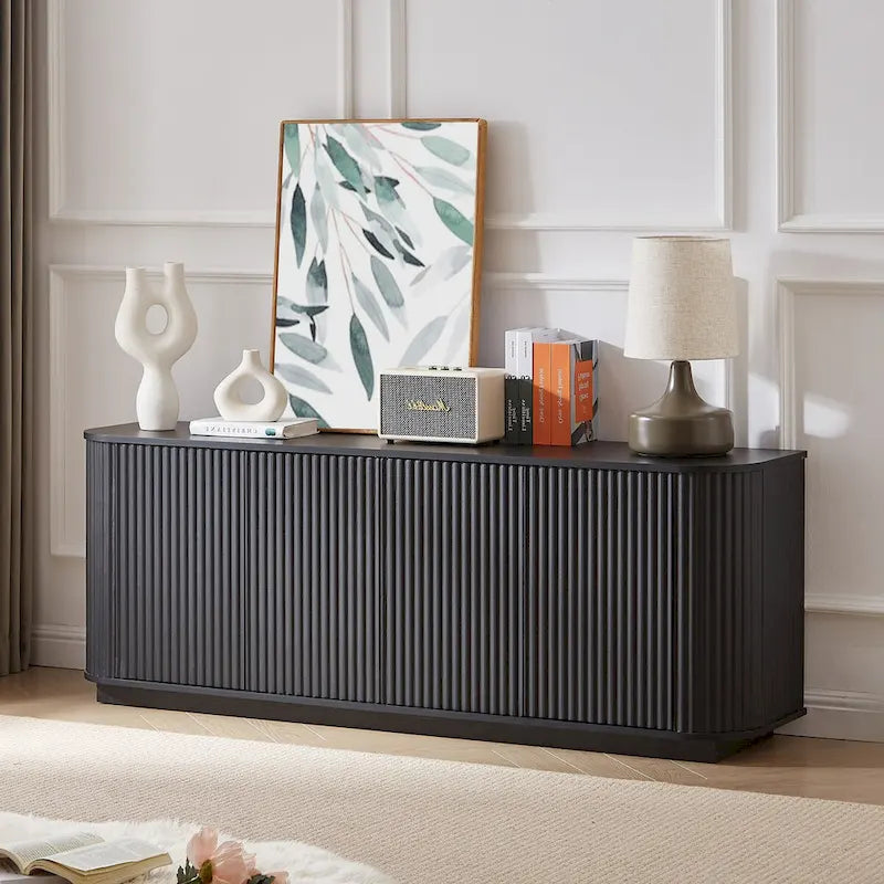 Contemporary Sideboard Cabinet - Wave Pattern Design - Curved Panels - Press-Spring Doors - Multi-Room Storage - Engineered Wood