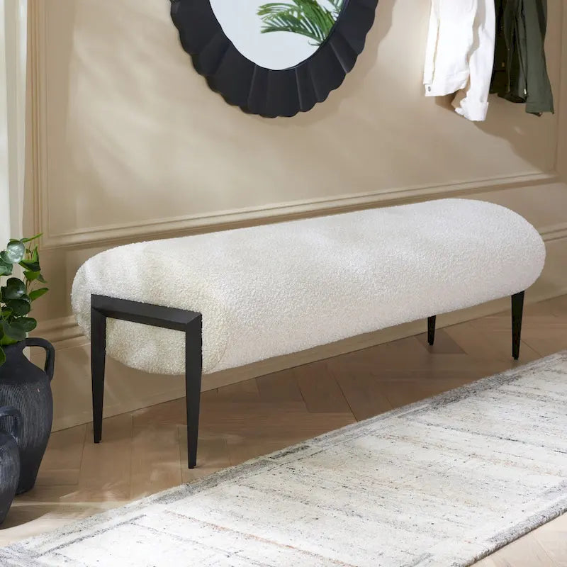 Upholstered Linen Bench 57"W x 19"H - Sculptural Rounded Seat with Black Metal Legs, Contemporary Entryway Bedroom Seating