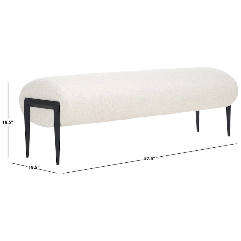 Upholstered Linen Bench 57"W x 19"H - Sculptural Rounded Seat with Black Metal Legs, Contemporary Entryway Bedroom Seating
