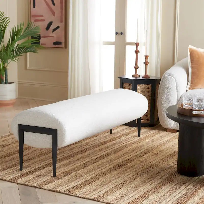 Upholstered Linen Bench 57"W x 19"H - Sculptural Rounded Seat with Black Metal Legs, Contemporary Entryway Bedroom Seating