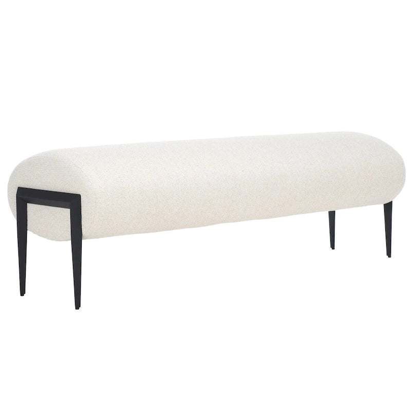 Upholstered Linen Bench 57"W x 19"H - Sculptural Rounded Seat with Black Metal Legs, Contemporary Entryway Bedroom Seating