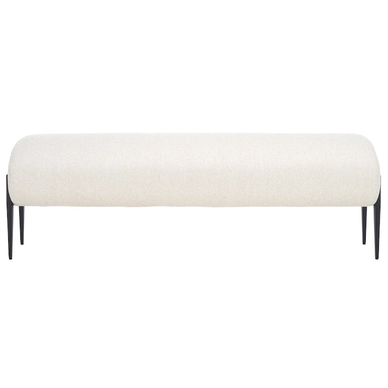 Upholstered Linen Bench 57"W x 19"H - Sculptural Rounded Seat with Black Metal Legs, Contemporary Entryway Bedroom Seating