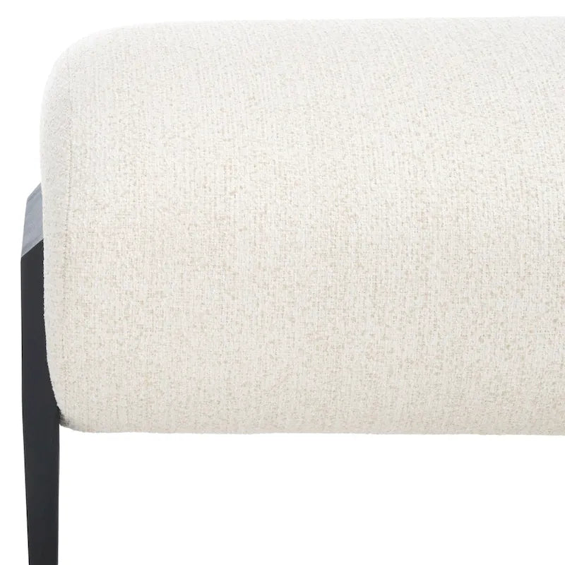 Upholstered Linen Bench 57"W x 19"H - Sculptural Rounded Seat with Black Metal Legs, Contemporary Entryway Bedroom Seating