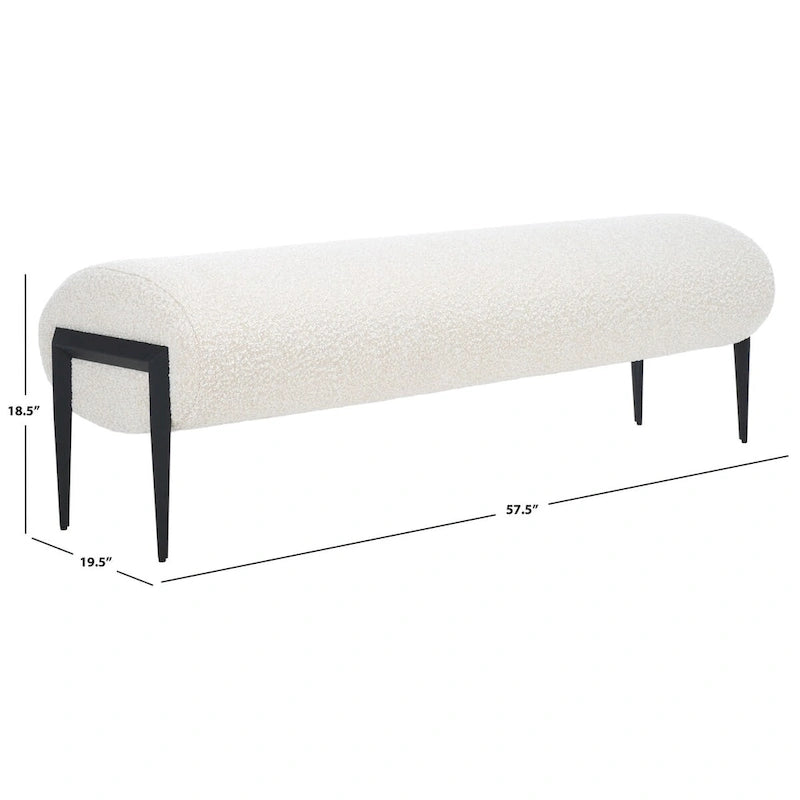 Upholstered Linen Bench 57"W x 19"H - Sculptural Rounded Seat with Black Metal Legs, Contemporary Entryway Bedroom Seating