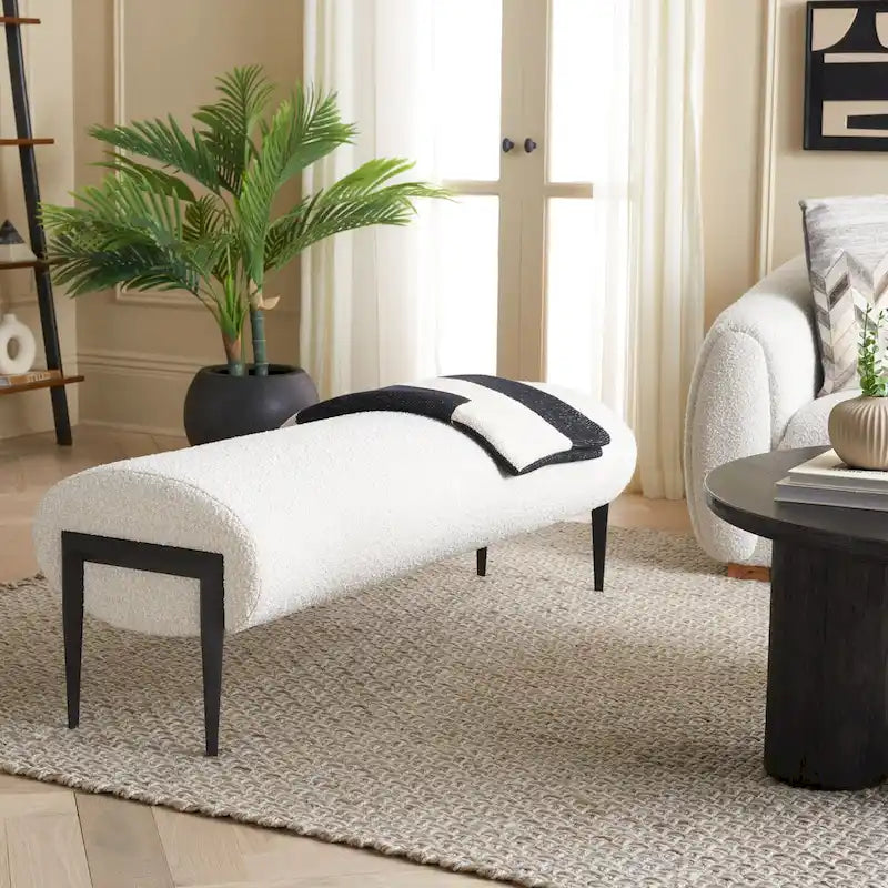 Upholstered Linen Bench 57"W x 19"H - Sculptural Rounded Seat with Black Metal Legs, Contemporary Entryway Bedroom Seating