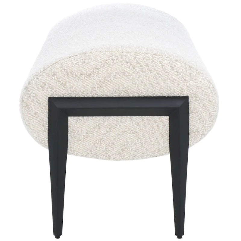 Upholstered Linen Bench 57"W x 19"H - Sculptural Rounded Seat with Black Metal Legs, Contemporary Entryway Bedroom Seating