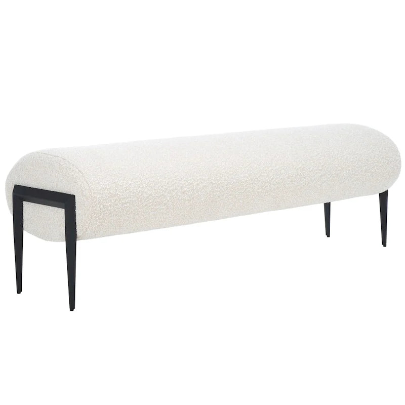 Upholstered Linen Bench 57"W x 19"H - Sculptural Rounded Seat with Black Metal Legs, Contemporary Entryway Bedroom Seating