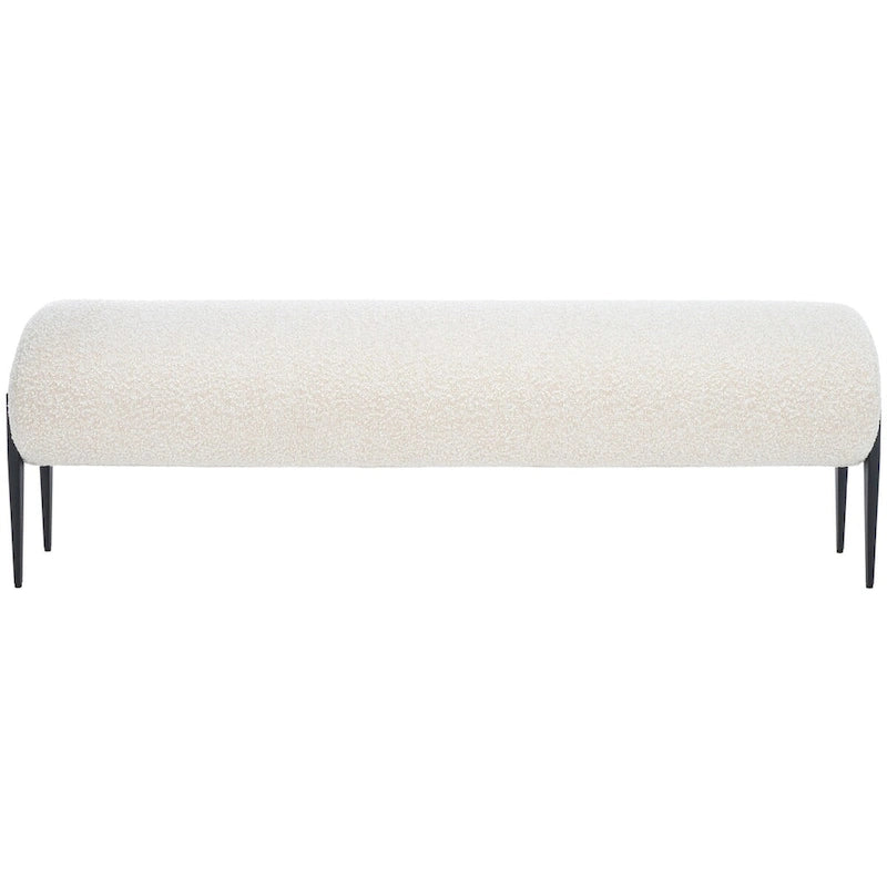 Upholstered Linen Bench 57"W x 19"H - Sculptural Rounded Seat with Black Metal Legs, Contemporary Entryway Bedroom Seating