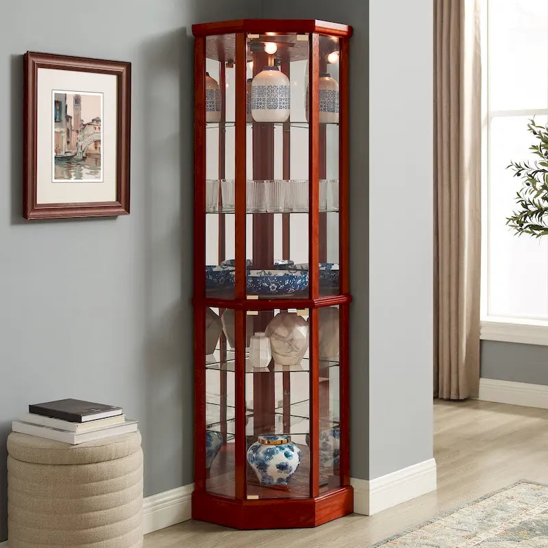 6-Shelf Corner Curio Cabinet 70"H - Lighted Display with Mirrored Back, 4 Adjustable Glass Shelves & 2 Doors, 15lbs per Shelf