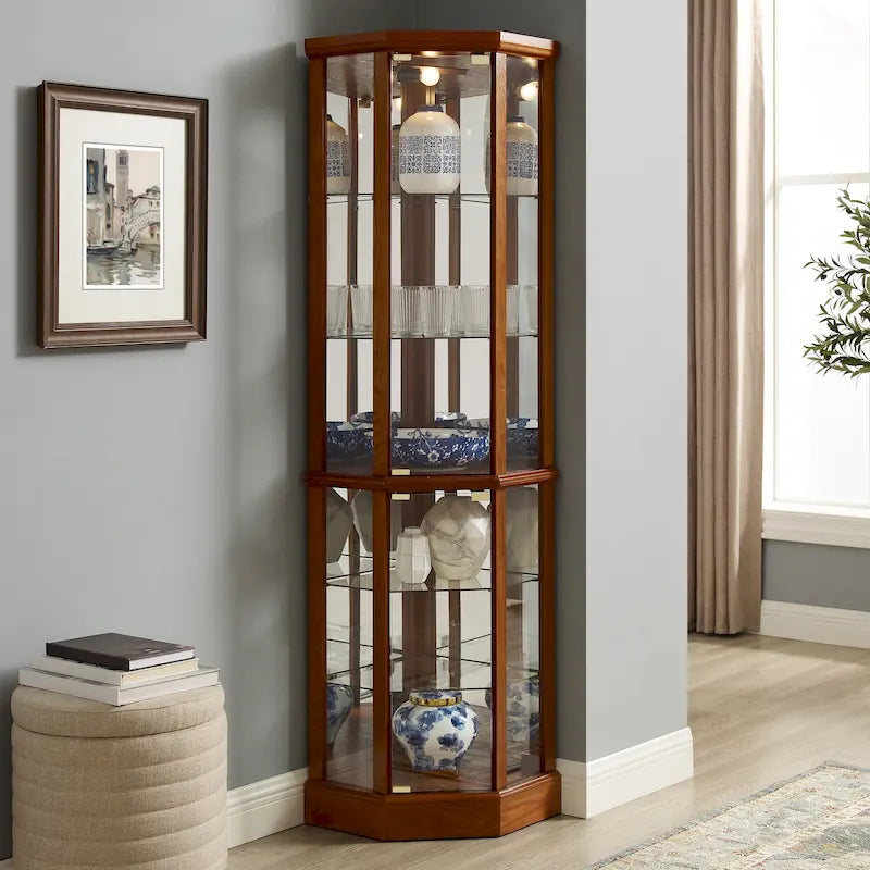 6-Shelf Corner Curio Cabinet 70"H - Lighted Display with Mirrored Back, 4 Adjustable Glass Shelves & 2 Doors, 15lbs per Shelf