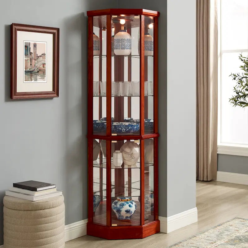 6-Shelf Corner Curio Cabinet 70"H - Lighted Display with Mirrored Back, 4 Adjustable Glass Shelves & 2 Doors, 15lbs per Shelf