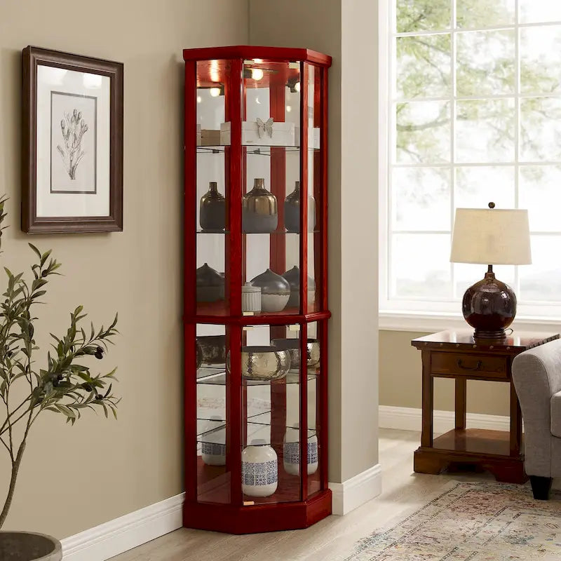 6-Shelf Corner Curio Cabinet 70"H - Lighted Display with Mirrored Back, 4 Adjustable Glass Shelves & 2 Doors, 15lbs per Shelf