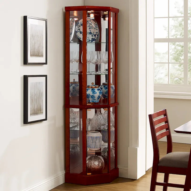 6-Shelf Corner Curio Cabinet 70"H - Lighted Display with Mirrored Back, 4 Adjustable Glass Shelves & 2 Doors, 15lbs per Shelf