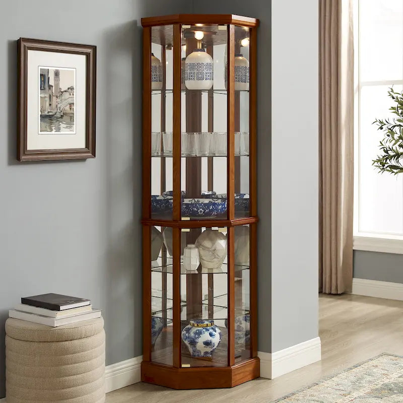 6-Shelf Corner Curio Cabinet 70"H - Lighted Display with Mirrored Back, 4 Adjustable Glass Shelves & 2 Doors, 15lbs per Shelf
